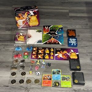 Pokemon Card Game pins sleeves, stickers, Mini Binder, lunch box with promos